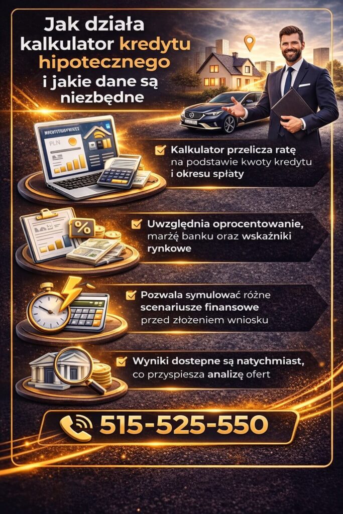 Kalkulacja kredytu hipotecznego pokazuje jak działa kalkulator i jakie dane są potrzebne do wyliczeń. Grafika prezentuje wpływ oprocentowania, okresu spłaty i zmiennych rynkowych na wysokość raty oraz szybkość analizy ofert.