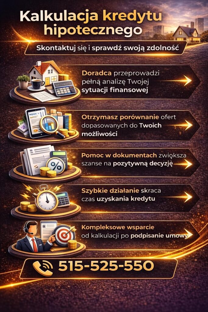 Kalkulacja kredytu hipotecznego wspierana przez doradcę obejmuje analizę finansową, porównanie ofert i pomoc w dokumentach. Grafika podkreśla szybki proces uzyskania kredytu oraz kompleksowe wsparcie od kalkulacji po podpisanie umowy.