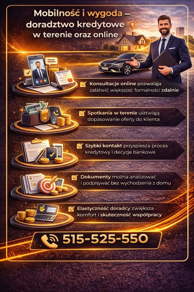 Analiza kredytu hipotecznego z doradcą mobilnym umożliwia konsultacje online i w terenie, przyspieszając proces kredytowy. Grafika pokazuje wygodę współpracy, szybki kontakt oraz możliwość załatwienia formalności bez wychodzenia z domu.