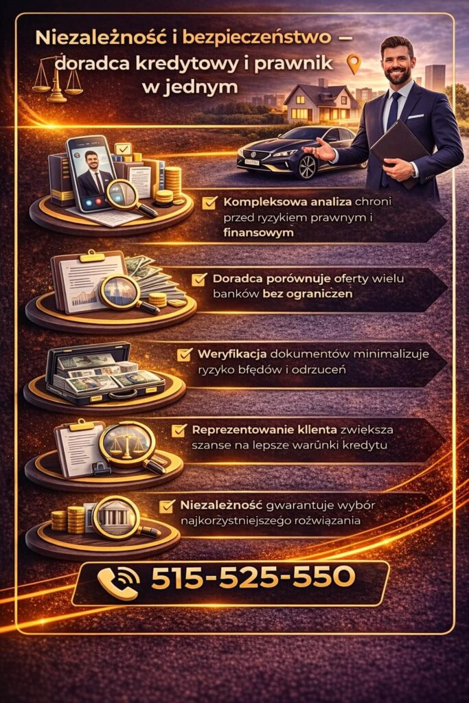 Obliczenie kredytu hipotecznego z niezależnym doradcą zwiększa bezpieczeństwo finansowe i prawne. Grafika przedstawia analizę ofert wielu banków, weryfikację dokumentów oraz reprezentowanie klienta w celu uzyskania lepszych warunków.