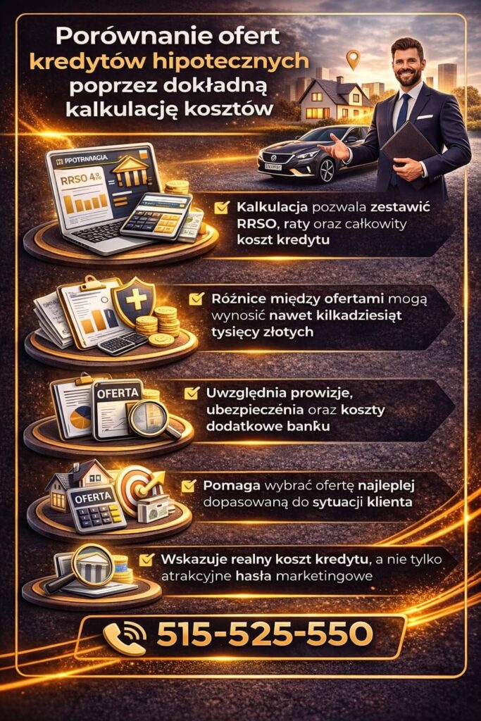 Symulacja kredytu mieszkaniowego pozwala porównać oferty banków pod kątem RRSO, rat i całkowitego kosztu. Grafika pokazuje różnice finansowe między propozycjami oraz znaczenie analizy przy wyborze najlepszego kredytu.