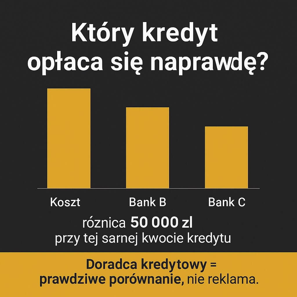 Który kredyt opłaca się naprawdę – trzy słupki kosztu całkowitego dla Banku A, B i C. Zaznaczona różnica 50 000 zł przy tej samej kwocie kredytu. Infografika do porównania ofert i kalkulacji kredytu hipotecznego.