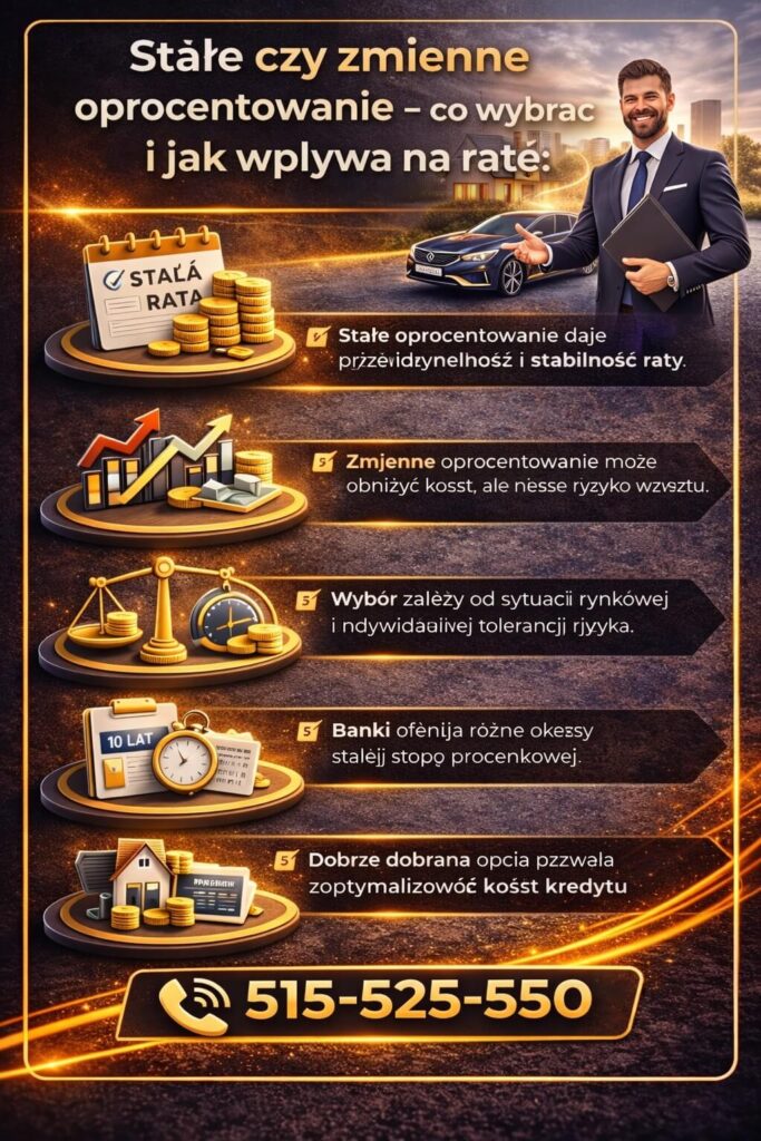 Wyliczenie kredytu hipotecznego uwzględnia wybór między stałym a zmiennym oprocentowaniem. Grafika pokazuje wpływ decyzji na stabilność rat, ryzyko wzrostu kosztów oraz dopasowanie oferty do sytuacji finansowej klienta.