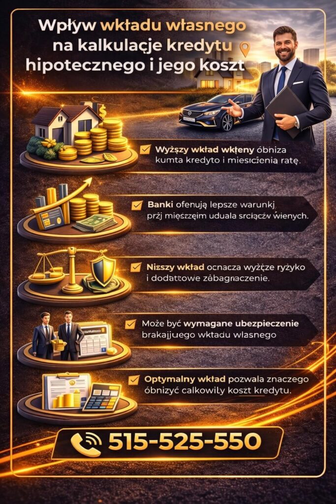 Szacowanie kredytu hipotecznego pokazuje jak wkład własny wpływa na wysokość raty i warunki finansowania. Grafika przedstawia zależność między poziomem wkładu a ryzykiem banku oraz całkowitym kosztem kredytu.