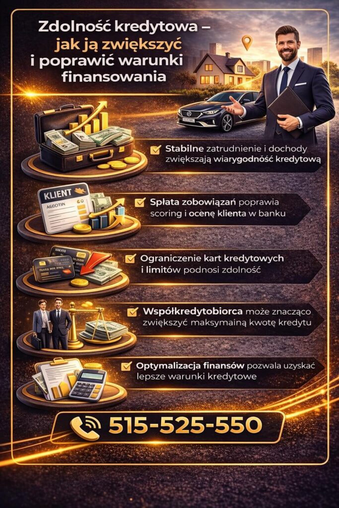 Analiza zdolności kredytowej w kontekście kredytu hipotecznego pokazuje jak poprawić warunki finansowania. Grafika przedstawia wpływ dochodów, zobowiązań i optymalizacji finansów na maksymalną kwotę kredytu i decyzję banku.