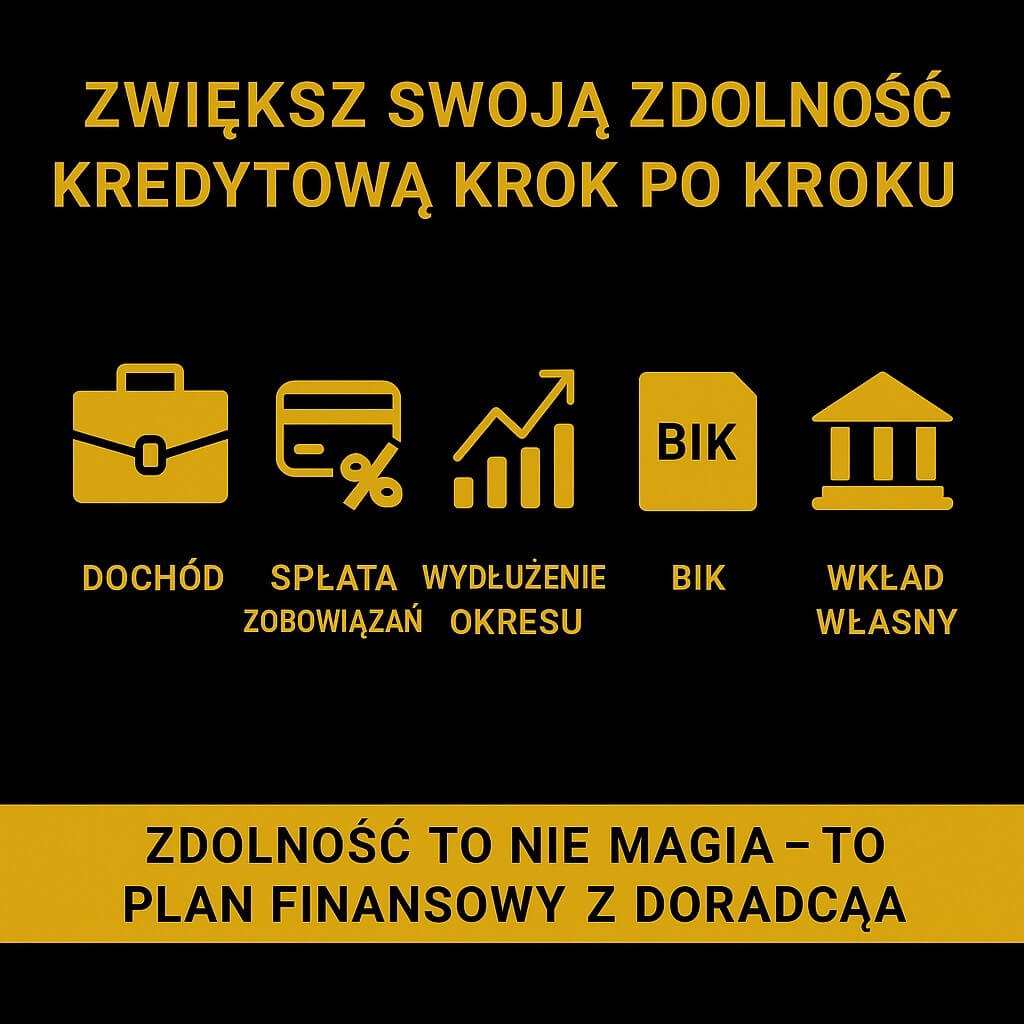 Zwiększ swoją zdolność kredytową krok po kroku – ikony: dochód, spłata zobowiązań, wydłużenie okresu, BIK, wkład własny. Czarno-złota infografika wspierająca kalkulację kredytu hipotecznego i plan poprawy zdolności.