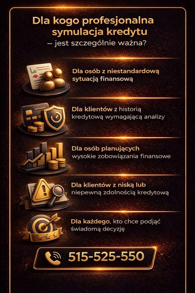Dla kogo symulacja kredytu hipotecznego jest kluczowa – grafika przedstawia osoby z trudną sytuacją finansową, niską zdolnością lub historią kredytową. Doradca kredytowy pomaga dobrać najlepsze rozwiązanie i zwiększyć szanse na finansowanie.
