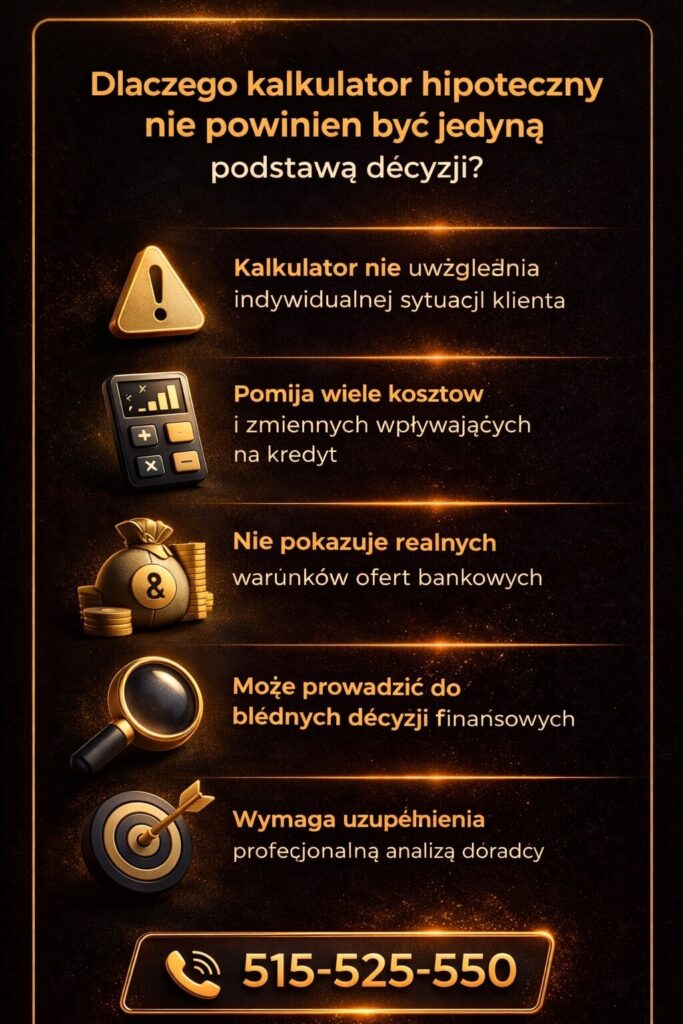 Dlaczego kalkulator kredytu hipotecznego nie wystarczy – grafika pokazuje ograniczenia narzędzi online, brak analizy indywidualnej sytuacji i ryzyko błędnych decyzji. Podkreśla znaczenie wsparcia doradcy kredytowego i analizy eksperckiej.
