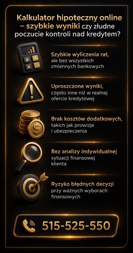 Kalkulator kredytu hipotecznego online a złudne poczucie kontroli – grafika pokazuje uproszczone wyliczenia, brak kosztów dodatkowych i ryzyko błędnych decyzji. Profesjonalna symulacja daje realny obraz finansowania i bezpieczeństwo wyboru.