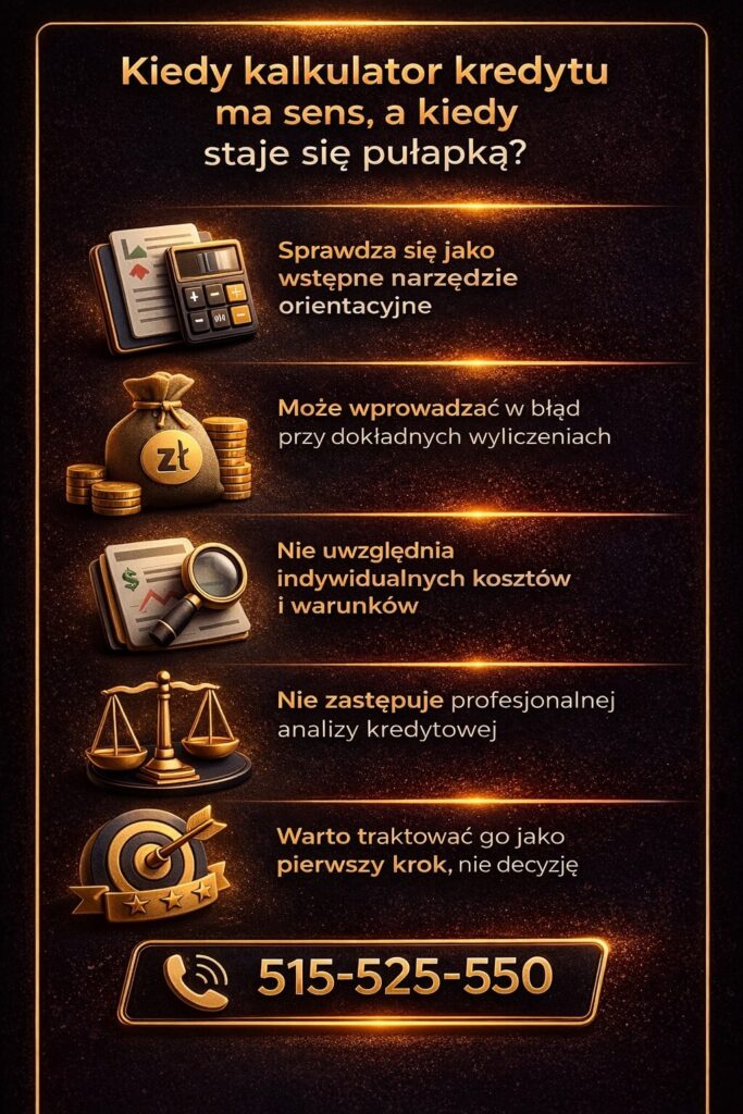 Kalkulator hipoteczny symulacja jako narzędzie wstępnej analizy kredytu hipotecznego – grafika pokazuje, kiedy kalkulator ma sens, a kiedy może wprowadzać w błąd. Porównanie orientacyjnych wyników z rzeczywistą analizą doradcy kredytowego.