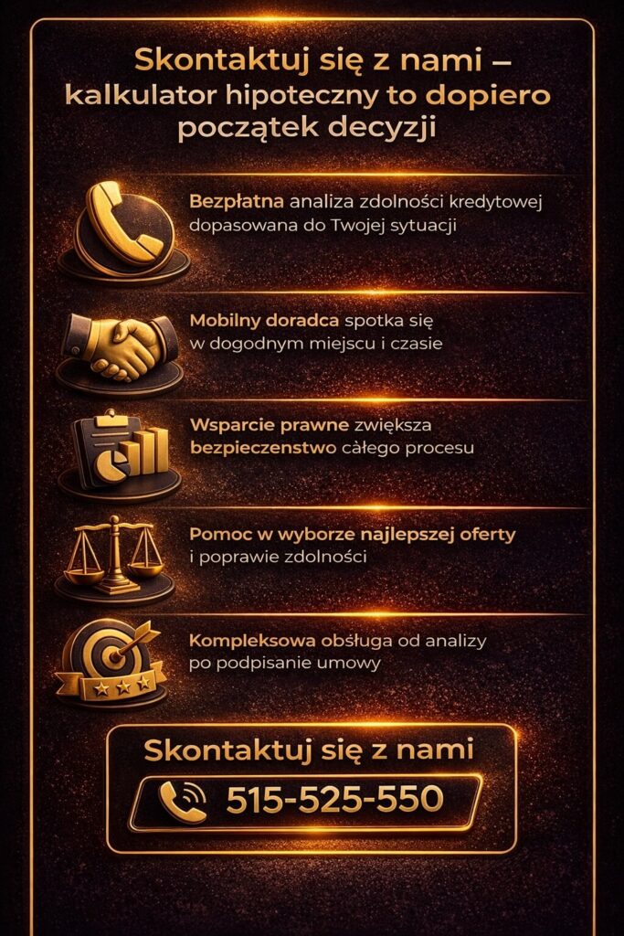 Kalkulator hipoteczny symulacja to pierwszy krok do decyzji kredytowej – grafika zachęca do kontaktu z doradcą kredytowym, który oferuje bezpłatną analizę zdolności, wsparcie prawne i dopasowanie najlepszej oferty kredytu hipotecznego.