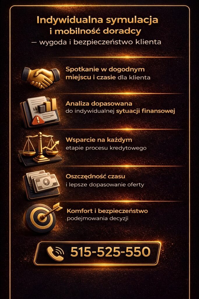 Kalkulator hipoteczny symulacja a mobilność doradcy kredytowego – grafika pokazuje korzyści indywidualnej analizy, spotkania w dogodnym miejscu oraz dopasowania kredytu hipotecznego do sytuacji klienta i jego możliwości finansowych.