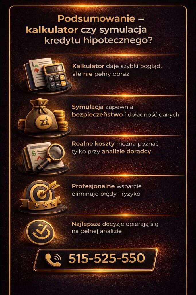 Kalkulator hipoteczny symulacja w podsumowaniu – grafika pokazuje różnice między kalkulatorem a profesjonalną analizą kredytową. Wskazuje, że tylko doradca kredytowy może dokładnie określić koszty, ryzyko oraz realne możliwości finansowe klienta.