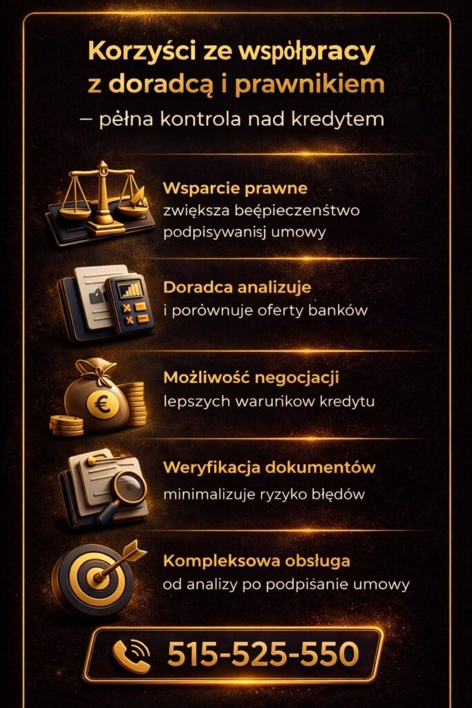 Kalkulator hipoteczny symulacja a wsparcie prawne – grafika prezentuje korzyści współpracy z doradcą i prawnikiem. Obejmuje analizę umów, weryfikację dokumentów oraz bezpieczeństwo podpisania kredytu hipotecznego i transakcji nieruchomości.