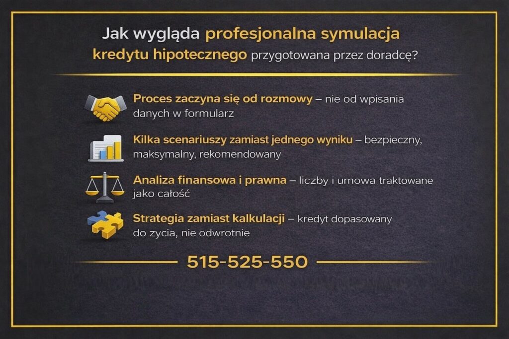 Kalkulator hipoteczny a symulacja - grafika przedstawia, jak wygląda profesjonalna symulacja kredytu hipotecznego przygotowana przez doradcę. Obejmuje rozmowę, kilka scenariuszy finansowych, analizę prawną umowy oraz dopasowanie kredytu do sytuacji życiowej.