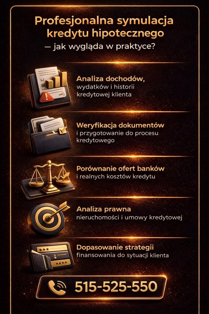 Symulacja kredytu hipotecznego zamiast kalkulatora – profesjonalna analiza dochodów, historii kredytowej i dokumentów klienta. Grafika pokazuje realne porównanie ofert oraz dopasowanie strategii finansowania przez doradcę kredytowego.