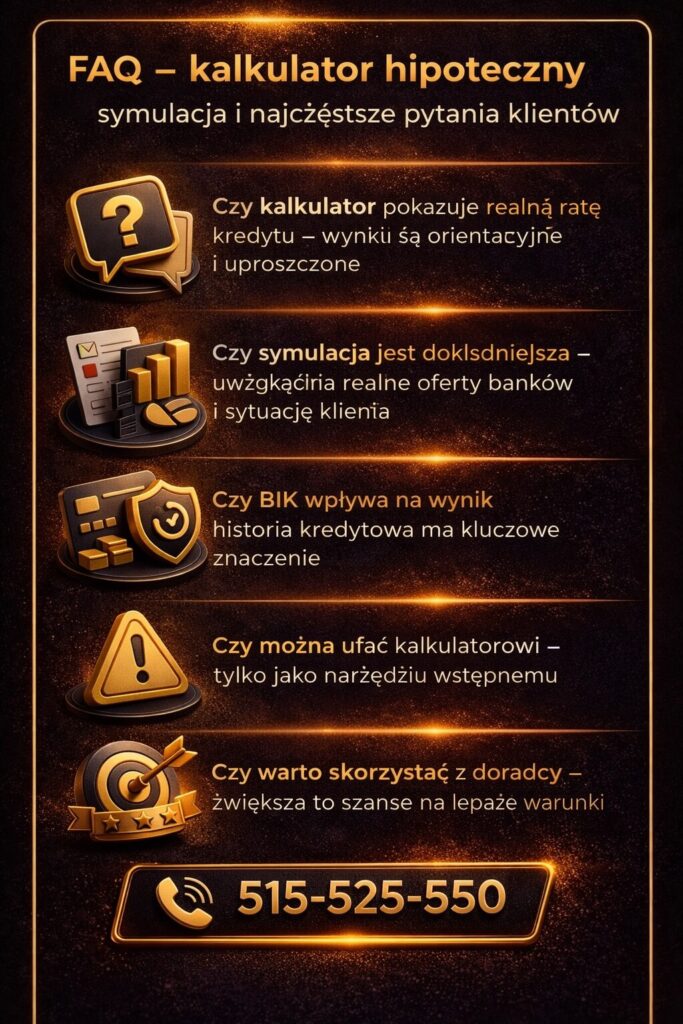 Symulacja kredytu hipotecznego FAQ – najczęstsze pytania klientów dotyczące kalkulatorów kredytowych, zdolności kredytowej i BIK. Grafika wyjaśnia różnice między orientacyjnymi wynikami a rzeczywistą analizą doradcy finansowego.