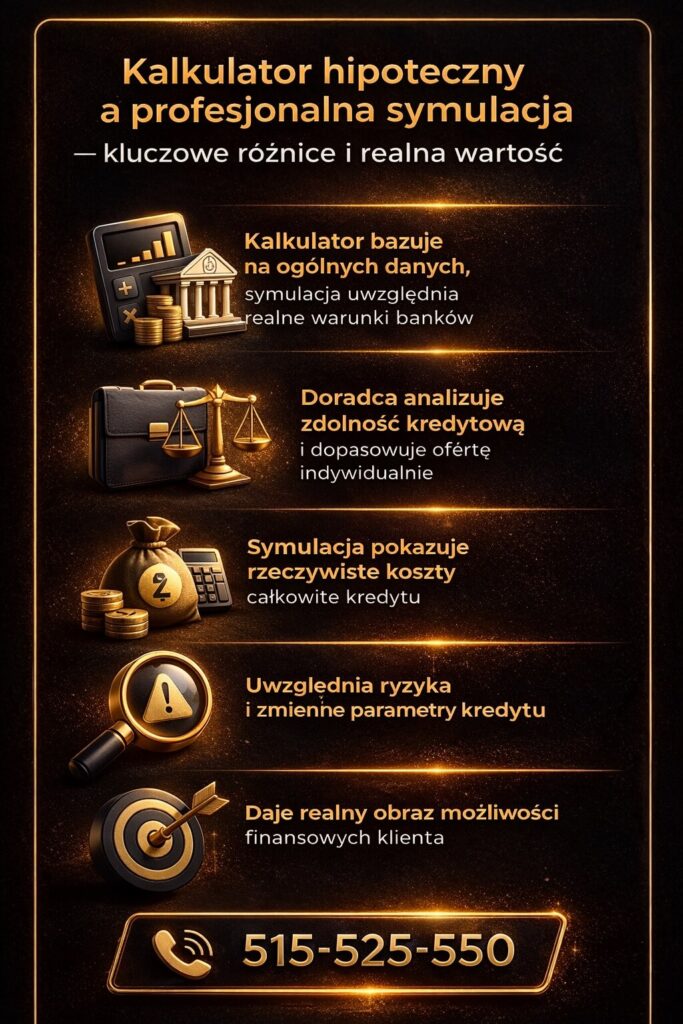 Kalkulator kredytu hipotecznego vs profesjonalna symulacja – grafika pokazuje różnice między uproszczonymi danymi kalkulatora a realną analizą doradcy kredytowego, który uwzględnia koszty, ryzyko oraz aktualne warunki ofert bankowych.