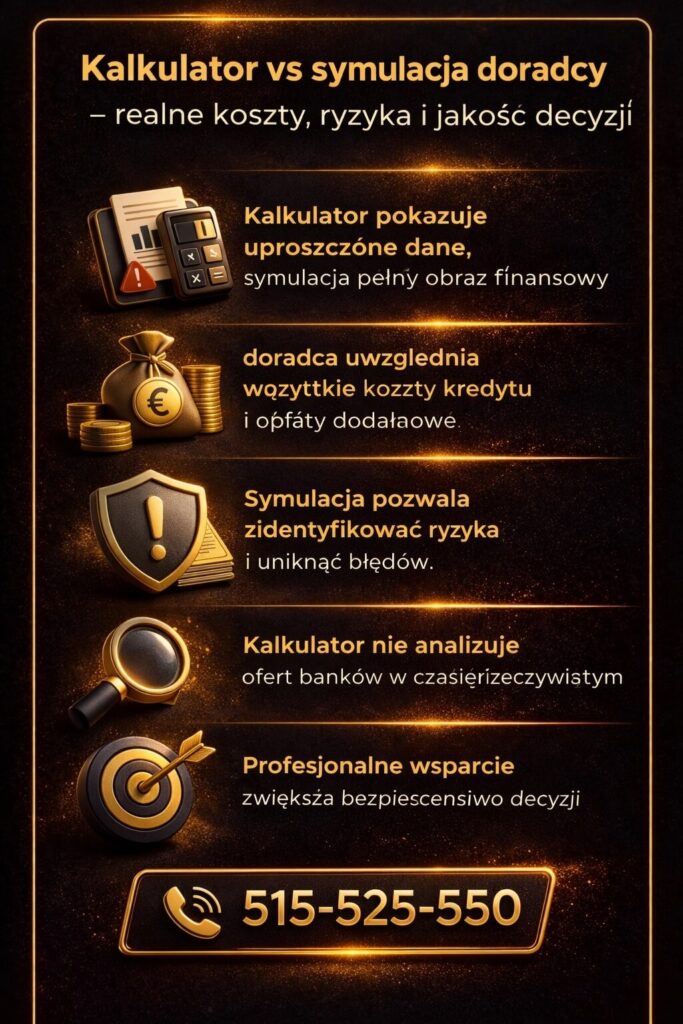 Porównanie kalkulatora kredytowego i symulacji doradcy – grafika prezentuje różnice w jakości danych, analizie kosztów oraz ocenie ryzyka. Doradca kredytowy zapewnia pełny obraz finansowy i bezpieczniejszą decyzję kredytową.