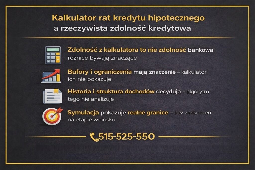 Rzeczywista zdolność kredytowa a wyliczenia z kalkulatora rat hipotecznych - grafika wyjaśnia, że algorytm nie uwzględnia buforów bankowych, historii dochodów i ograniczeń. Profesjonalna symulacja pokazuje realne granice finansowe klienta.