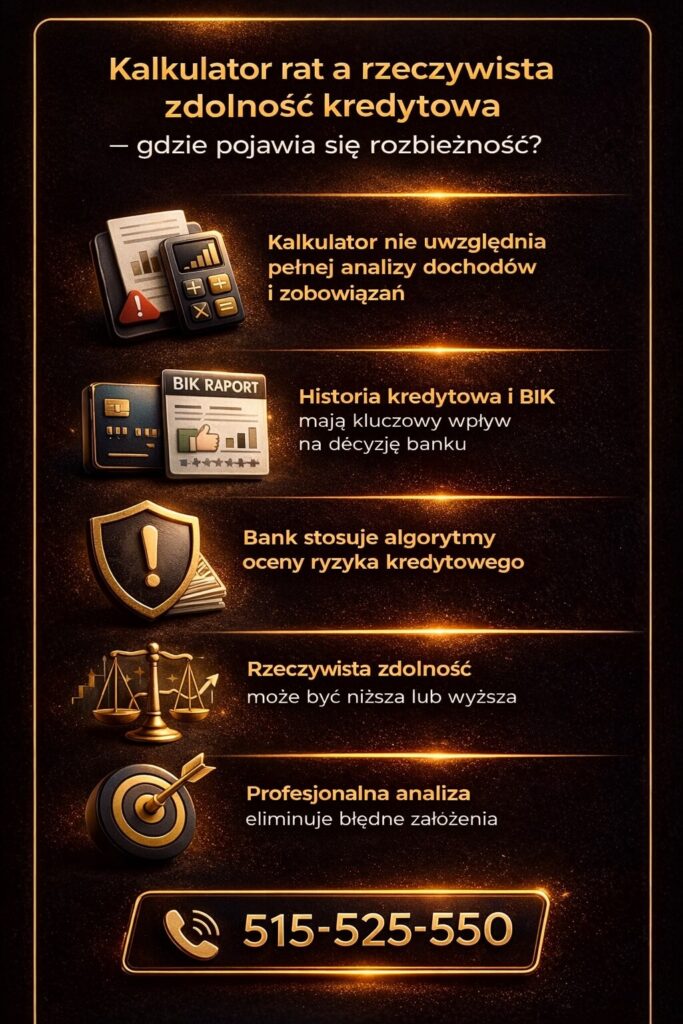 Kalkulator rat kredytu a rzeczywista zdolność kredytowa – grafika pokazuje wpływ historii kredytowej, BIK oraz algorytmów bankowych na decyzję kredytową. Profesjonalna analiza eliminuje błędy i zwiększa szanse na kredyt hipoteczny.