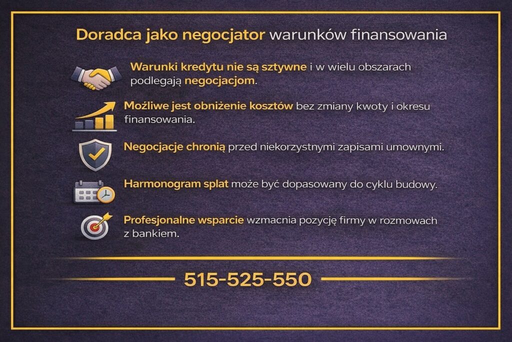 Kredyt dla budowlańców Żary - doradca kredytowy jako negocjator warunków finansowania firm budowlanych. Grafika pokazuje, że warunki kredytu nie są sztywne, można obniżyć koszty, dopasować harmonogram spłat do cyklu budowy i zabezpieczyć firmę przed niekorzystnymi zapisami umownymi.