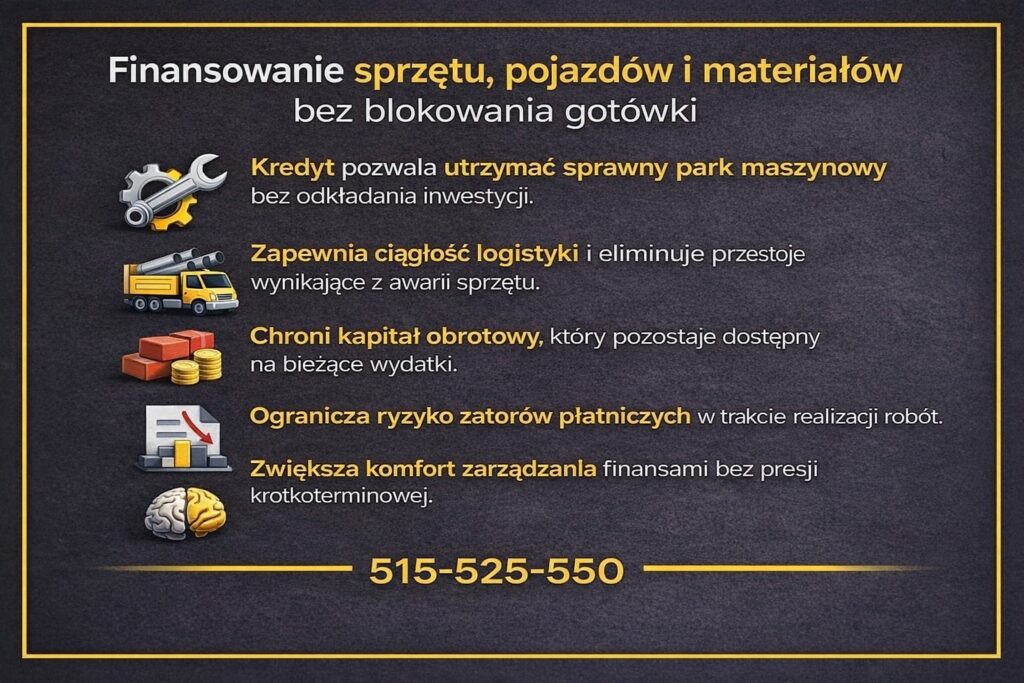 Finansowanie dla budowlańców w Żarach - kredyt na sprzęt, pojazdy i materiały bez blokowania gotówki. Grafika obrazuje utrzymanie sprawnego parku maszynowego, ciągłość logistyki, ochronę kapitału obrotowego oraz ograniczenie ryzyka zatorów płatniczych w firmie budowlanej.