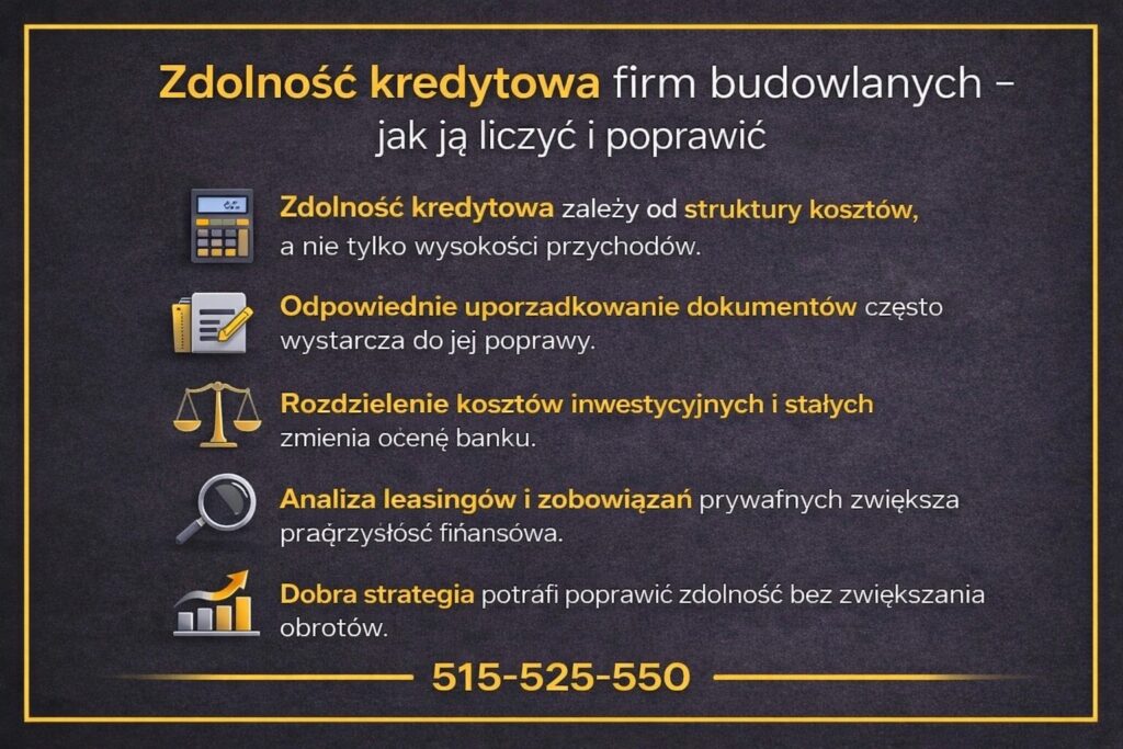 Zdolność kredytowa firm budowlanych Żary - jak ją liczyć i poprawić. Grafika przedstawia wpływ struktury kosztów, uporządkowania dokumentów, rozdzielenia kosztów inwestycyjnych i stałych oraz analizy leasingów na ocenę banku bez zwiększania obrotów firmy.