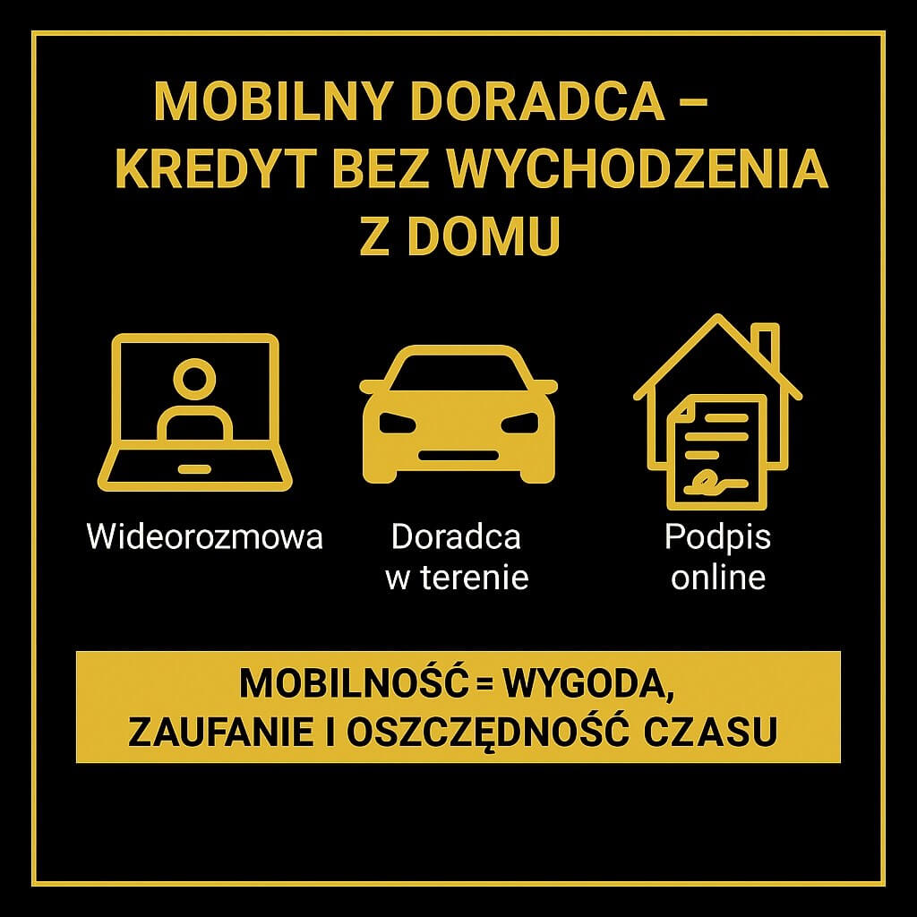 Mobilny doradca – kredyt bez wychodzenia z domu. Ikony: wideorozmowa, doradca w terenie, podpis online. Czarno-złota infografika promująca wygodne i bezpieczne doradztwo przy kredycie hipotecznym.