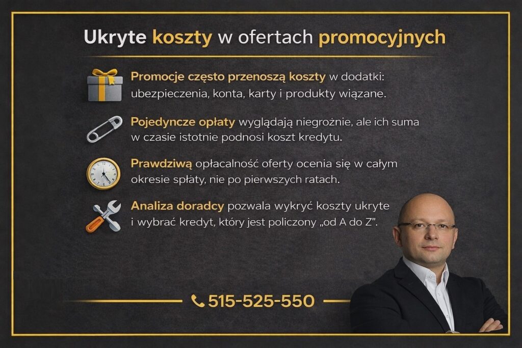 Oprocentowanie kredytu hipotecznego w kontekście ukrytych kosztów ofert promocyjnych. Grafika informacyjna pokazuje wpływ ubezpieczeń, prowizji, kont i produktów wiązanych na realny koszt kredytu oraz znaczenie analizy oferty w całym okresie spłaty zobowiązania.