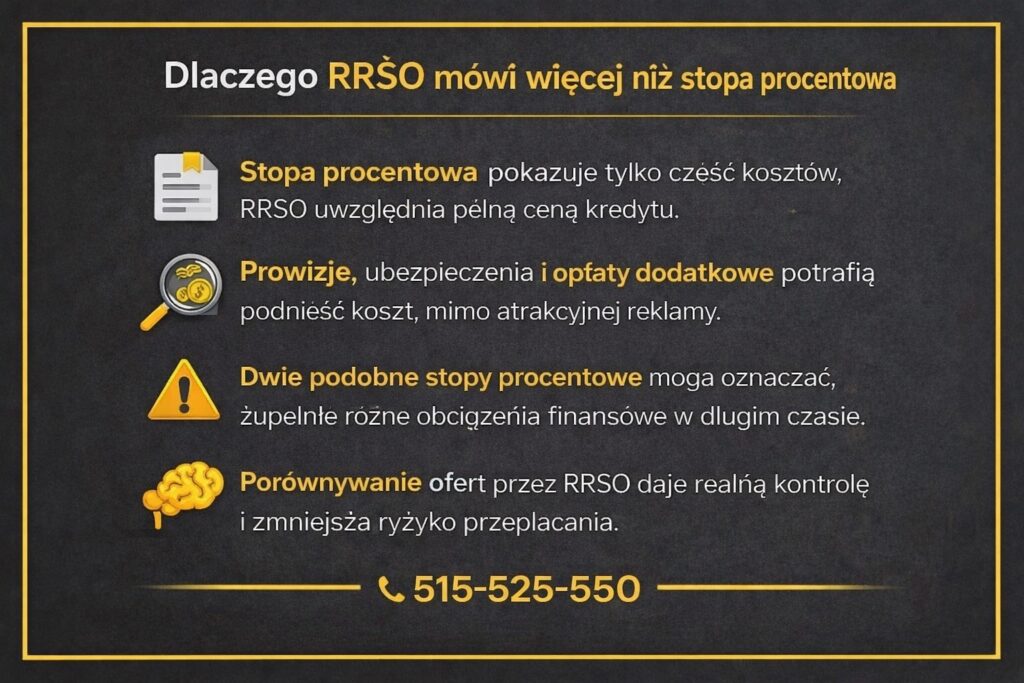 Koszt kredytu hipotecznego wyjaśniony na przykładzie RRSO i stopy procentowej. Infografika pokazuje, że prowizje, ubezpieczenia i opłaty dodatkowe wpływają na rzeczywistą cenę finansowania, a porównywanie ofert przez RRSO ogranicza ryzyko przepłacenia.