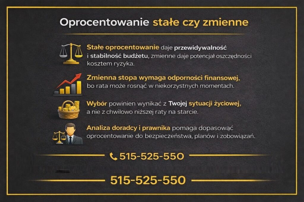 Stałe i zmienne oprocentowanie kredytu hipotecznego przedstawione w formie porównawczej infografiki. Grafika pokazuje różnice w stabilności raty, poziomie ryzyka, wpływie na budżet domowy oraz znaczenie dopasowania rodzaju oprocentowania do sytuacji życiowej kredytobiorcy.