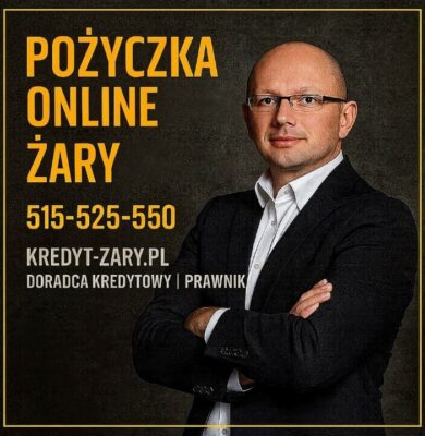 Grafika przedstawia ofertę pożyczki online w Żarach, prezentowaną przez doświadczonego doradcę kredytowego i prawnika. Widoczny ekspert podkreśla profesjonalne wsparcie w procesie uzyskania finansowania. Zamieszczony numer 515-525-550 umożliwia szybki kontakt z doradcą.