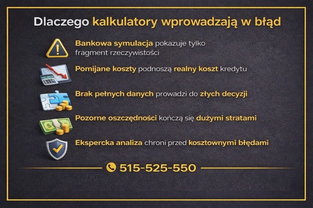 Symulacja kredytu hipotecznego Żary w kontekście błędów bankowych kalkulatorów. Grafika pokazuje pomijane koszty, fragmentaryczne dane i pozorne oszczędności. Ekspercka analiza kredytu hipotecznego chroni przed kosztownymi błędami i złymi decyzjami finansowymi.