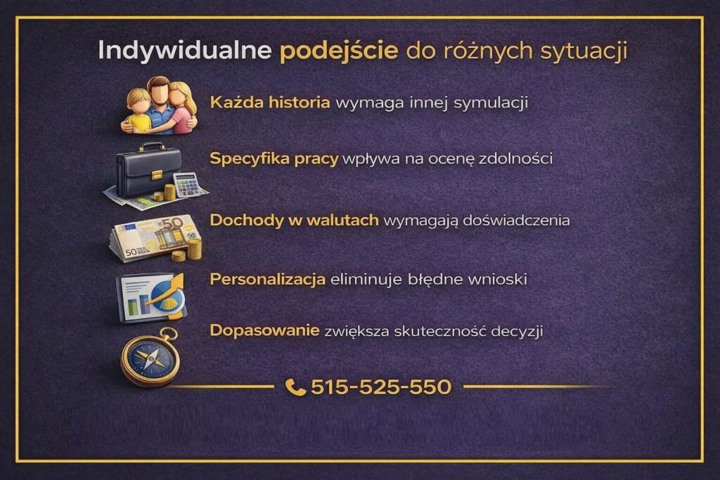 Spersonalizowana symulacja kredytu hipotecznego w rejonie Żar dla różnych sytuacji życiowych. Grafika pokazuje, że każda historia wymaga innej analizy, a specyfika pracy i dochody w walutach wpływają na ocenę zdolności i skuteczność decyzji.