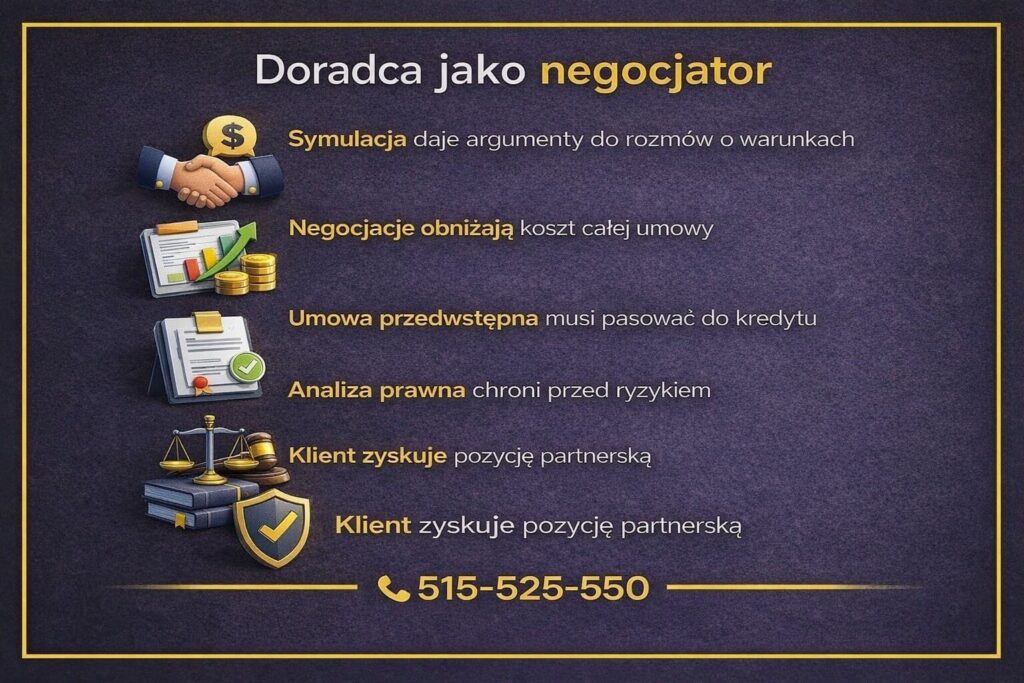 Indywidualna symulacja kredytu mieszkaniowego w Żarach wspierająca negocjacje warunków umowy. Infografika pokazuje rolę doradcy kredytowego i prawnika, analizę prawną dokumentów oraz realny wpływ negocjacji na obniżenie całkowitego kosztu kredytu.