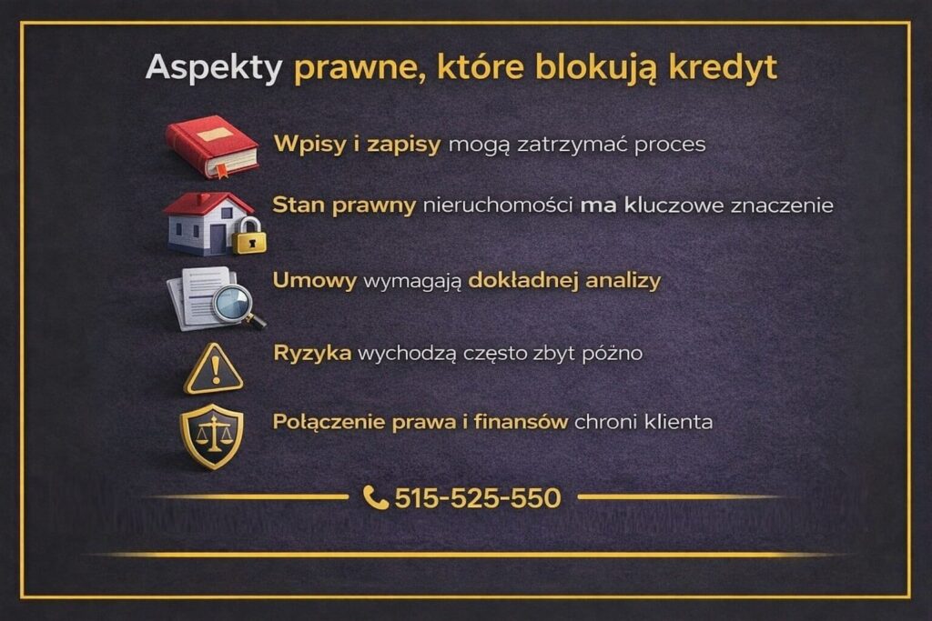 Bezpieczna analiza kredytu hipotecznego w Żarach uwzględniająca aspekty prawne. Grafika pokazuje znaczenie stanu prawnego nieruchomości, zapisów w umowach oraz ryzyk, które często wychodzą zbyt późno. Połączenie prawa i finansów chroni klienta.