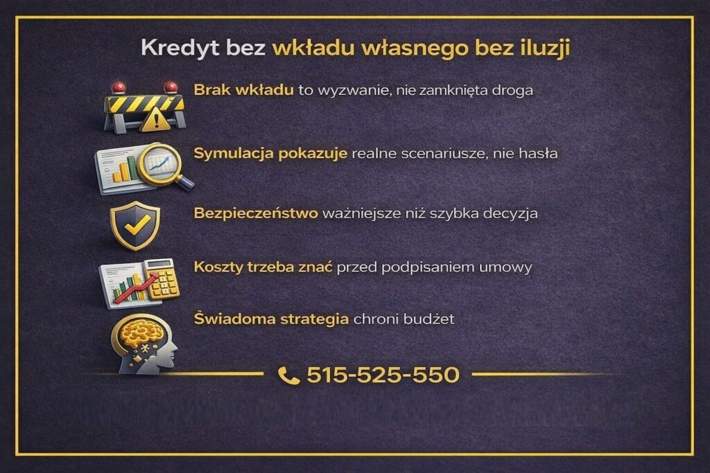 Rzetelna symulacja kredytu hipotecznego w Żarach dotycząca kredytu bez wkładu własnego. Grafika pokazuje realne scenariusze zamiast haseł marketingowych. Podkreślono znaczenie znajomości kosztów, świadomej strategii oraz bezpieczeństwa przed podpisaniem umowy.