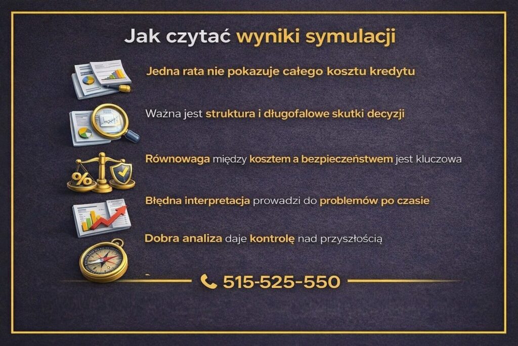 Profesjonalna analiza kredytu hipotecznego w Żarach pokazana na infografice wyjaśniającej, jak czytać wyniki symulacji. Jedna rata nie oddaje całego kosztu zobowiązania. Kluczowe są struktura, długofalowe skutki decyzji oraz równowaga między kosztem a bezpieczeństwem.