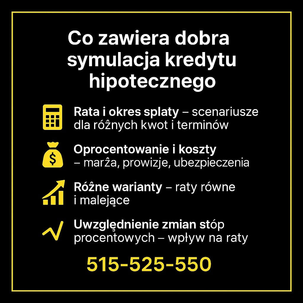 Co zawiera dobra symulacja kredytu hipotecznego: scenariusze dla różnych kwot i terminów, oprocentowanie, marża, prowizje, ubezpieczenia, warianty rat równych i malejących oraz wpływ zmian stóp na raty. Doradca wyjaśnia szczegóły. Tel. 515-525-550.