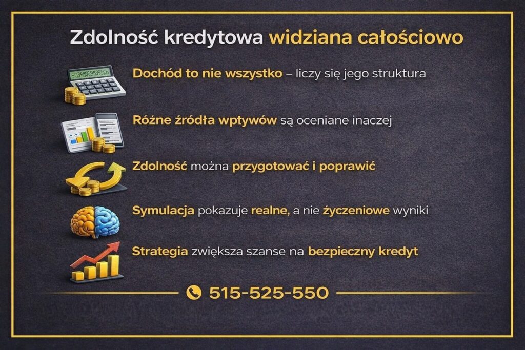 Symulacja kredytu hipotecznego Żary z pełną analizą zdolności kredytowej. Infografika pokazuje, że liczy się struktura dochodu, różne źródła wpływów i strategia przygotowania klienta. Realne wyniki zastępują życzeniowe kalkulacje i zwiększają bezpieczeństwo.