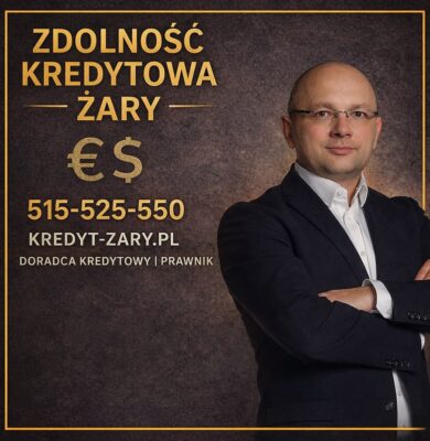 Zdolność kredytowa Żary - profesjonalny doradca kredytowy i prawnik prezentują bezpieczne podejście do analizy zdolności kredytowej, kredytów hipotecznych i decyzji finansowych. Grafika wspiera artykuł o ocenie bankowej, ryzyku, planowaniu i negocjacjach