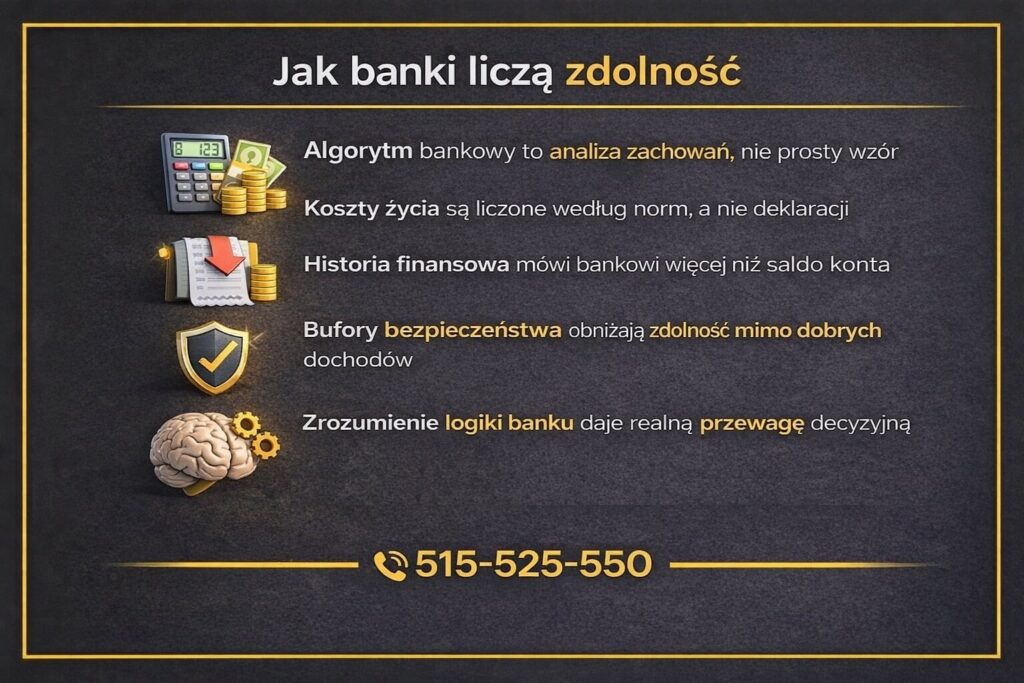Zdolność kredytowa Żary przedstawiona na infografice pokazującej, jak banki analizują zachowania finansowe, historię kredytową, koszty życia i bufory bezpieczeństwa. Grafika wyjaśnia, dlaczego algorytm bankowy to ocena ryzyka, a nie prosty wzór matematyczny.