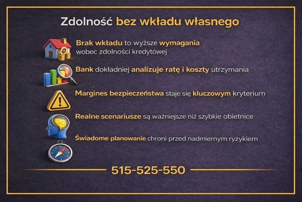 Zdolność kredytowa Żary w kontekście kredytu bez wkładu własnego. Grafika pokazuje wyższe wymagania banków, analizę raty i kosztów utrzymania oraz znaczenie marginesu bezpieczeństwa. Podkreślono rolę realnych scenariuszy zamiast szybkich obietnic.