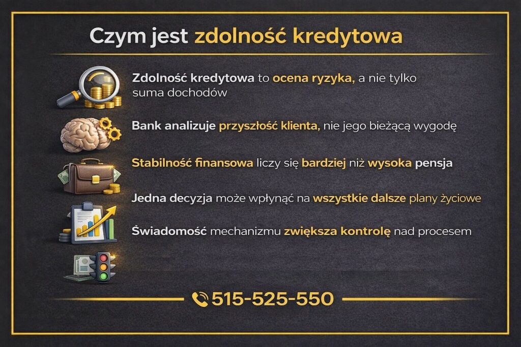 Ocena zdolności kredytowej w Żarach pokazana na infografice wyjaśniającej, że bank analizuje ryzyko i stabilność finansową, a nie tylko wysokość dochodów. Grafika akcentuje znaczenie przyszłych planów i świadomego zarządzania finansami.