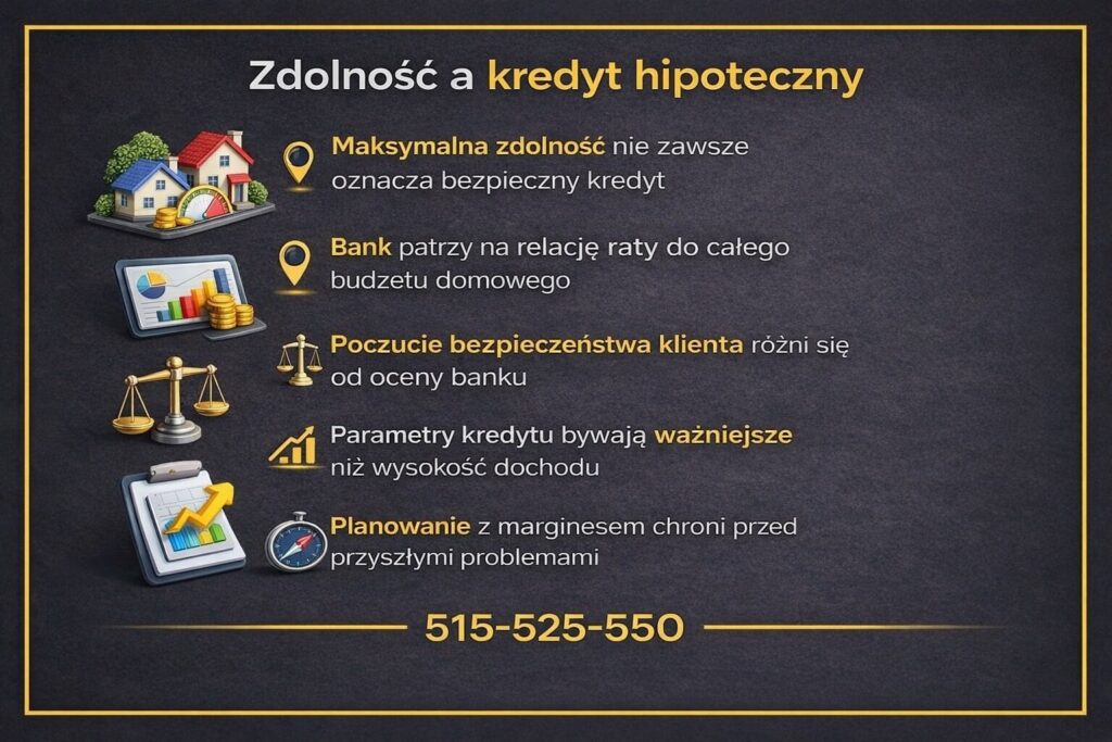 Infografika pokazująca relację zdolności kredytowej a kredytu hipotecznego w Żarach. Grafika wyjaśnia, że maksymalna zdolność nie zawsze oznacza bezpieczny kredyt, a bank ocenia ratę w kontekście całego budżetu domowego.