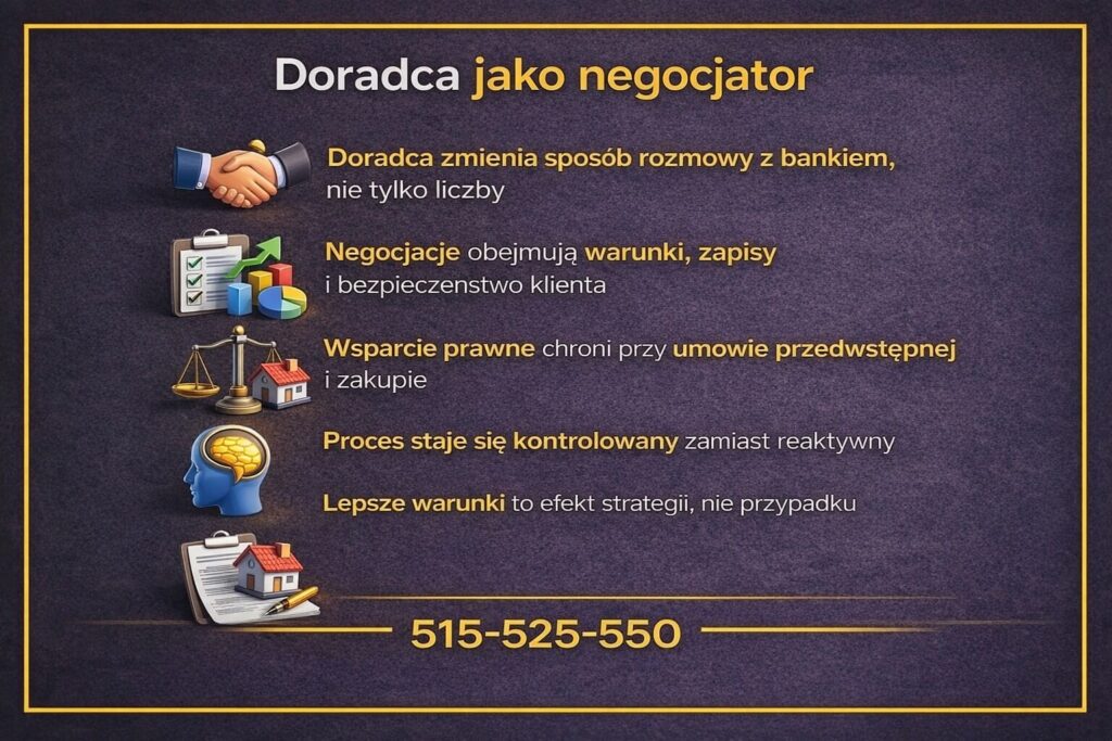 Ilustracja pokazująca rolę doradcy kredytowego jako negocjatora w procesie uzyskania kredytu w Żarach. Grafika akcentuje negocjacje warunków, zapisów umowy, wsparcie prawne oraz strategiczne podejście zwiększające bezpieczeństwo klienta.