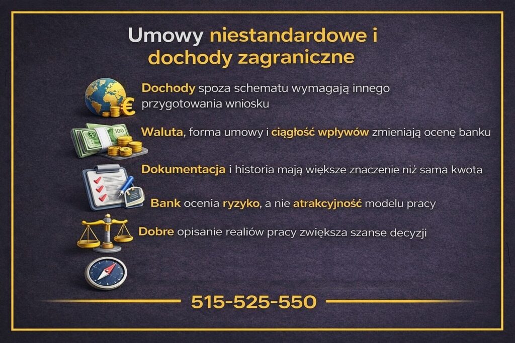 Grafika dotycząca zdolności kredytowej przy umowach niestandardowych i dochodach zagranicznych w Żarach. Przedstawia znaczenie waluty, formy zatrudnienia, ciągłości wpływów oraz dokumentacji, które wpływają na ocenę ryzyka przez bank.