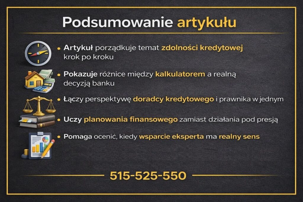 Zdolność kredytowa Żary podsumowana krok po kroku - grafika pokazuje różnice między kalkulatorem a realną decyzją banku, znaczenie planowania finansowego oraz rolę doradcy kredytowego i prawnika w bezpiecznym procesie kredytowym.