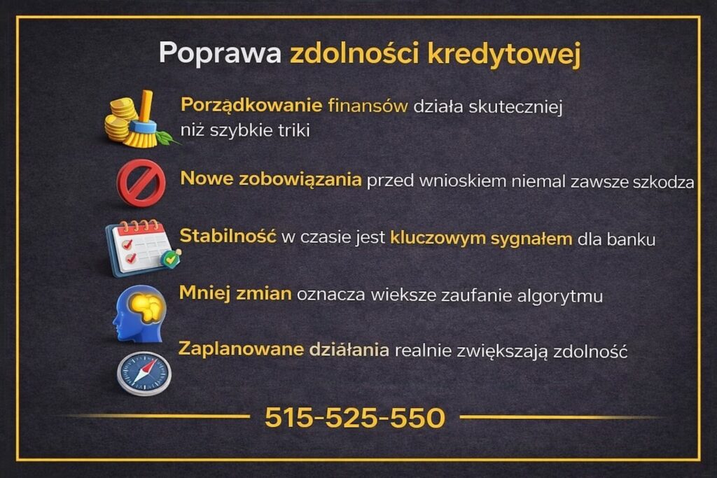 Poprawa zdolności kredytowej w Żarach wymaga stabilności finansowej, ograniczenia nowych zobowiązań i świadomego planowania działań. Grafika pokazuje, że uporządkowanie finansów i konsekwencja zwiększają szanse na pozytywną decyzję banku.